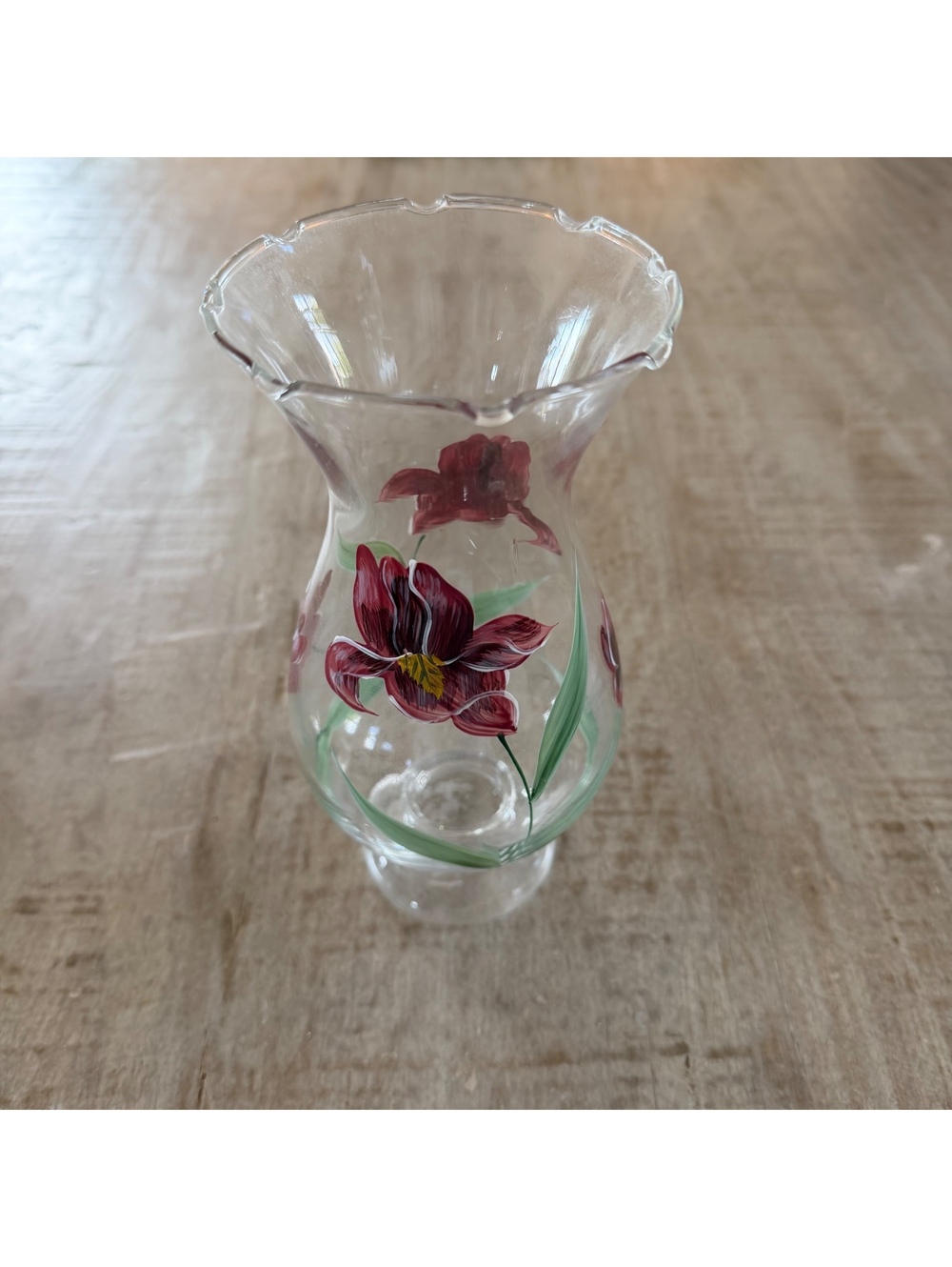 Vintage Hand Painted Glass Vase Burgundy Floral Ruffled Scalloped Rim 8.5”